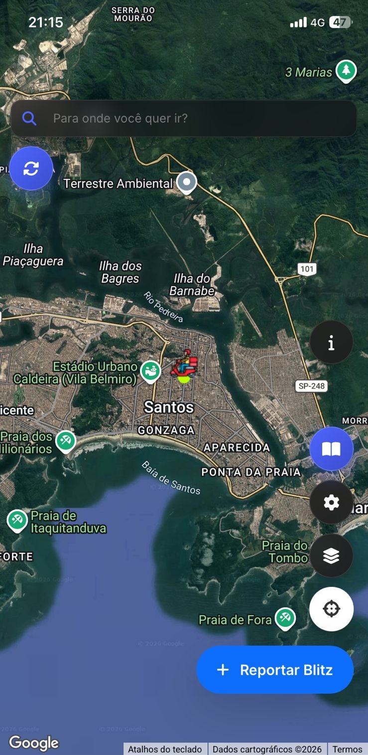 Interface principal do aplicativo Onde Tem Blitz mostrando o mapa com alertas
